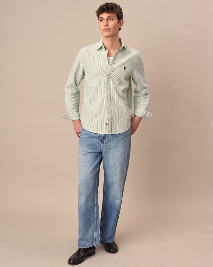 Men's Babar Long Sleeve Classic Fit Striped Oxford Shirt Green / White University Stripe