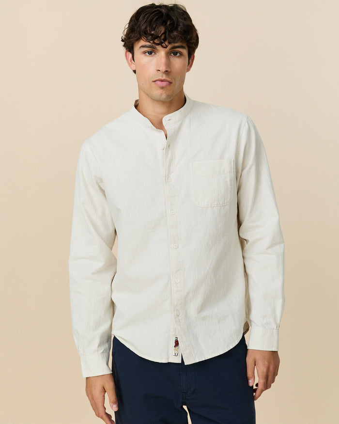 Men's Casual Linen Band Collar Shirt Cream