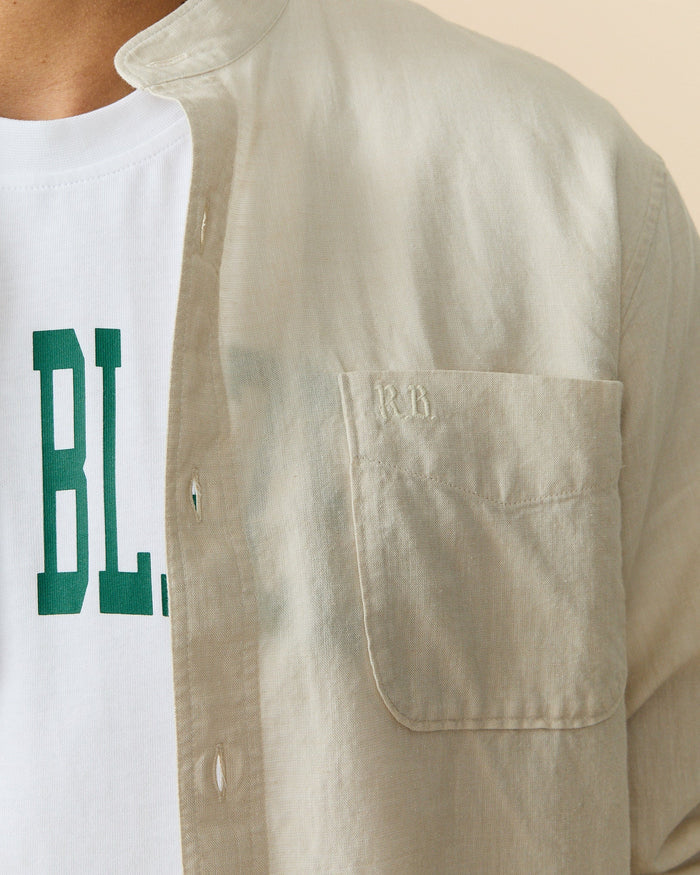 Men's Casual Linen Band Collar Shirt Cream