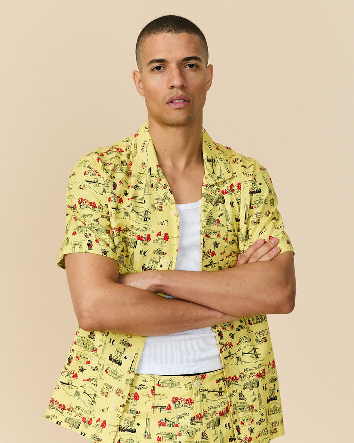 Men's Cotton Linen Camp Shirt NYC Map Print