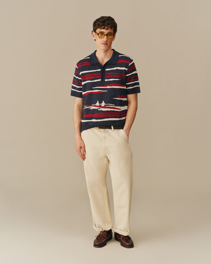 Men's Linen Painted Stripe Polo Sweater Navy
