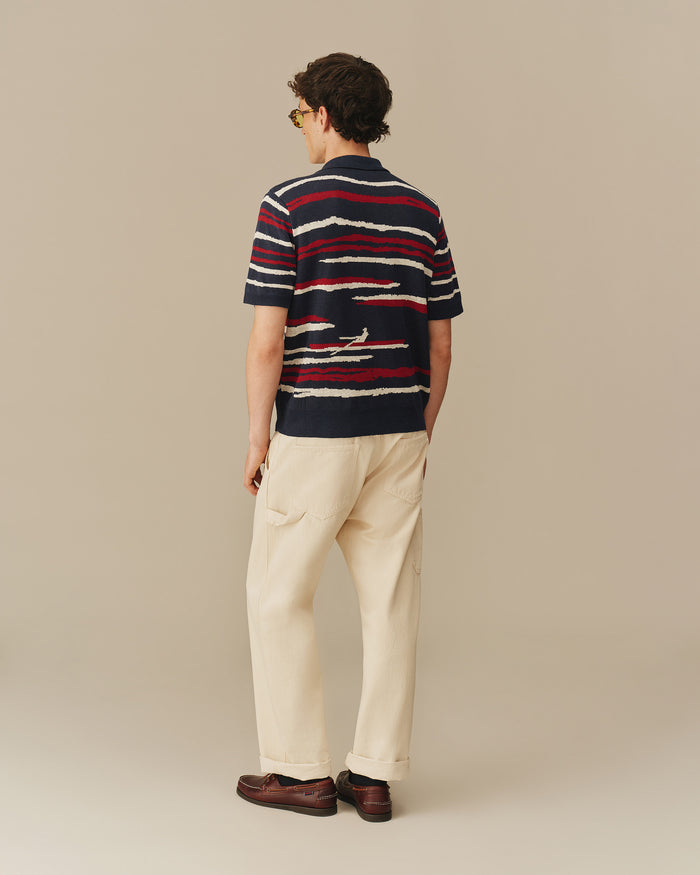 Men's Linen Painted Stripe Polo Sweater Navy