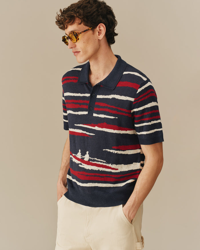 Men's Linen Painted Stripe Polo Sweater Navy
