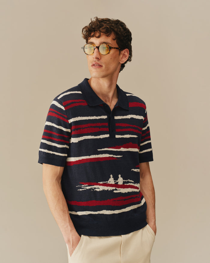 Men's Linen Painted Stripe Polo Sweater Navy
