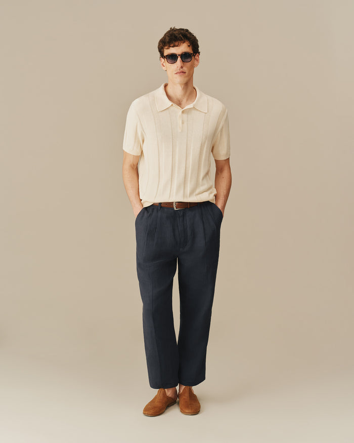 Men's Pleated Linen Tapered Pant Navy