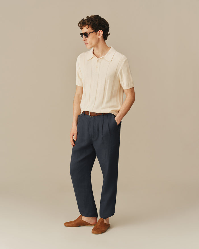 Men's Pleated Linen Tapered Pant Navy