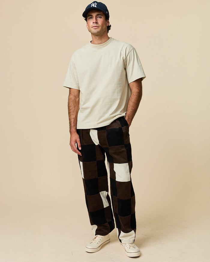 Men's Pleated Patchwork Corduroy Pant Brown Patchwork