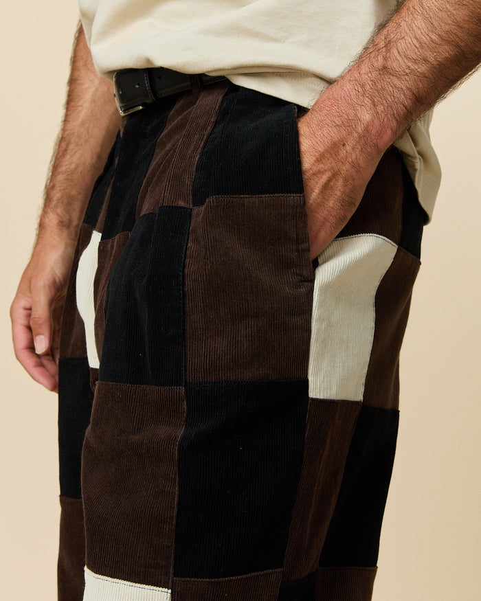 Men's Pleated Patchwork Corduroy Pant Brown Patchwork