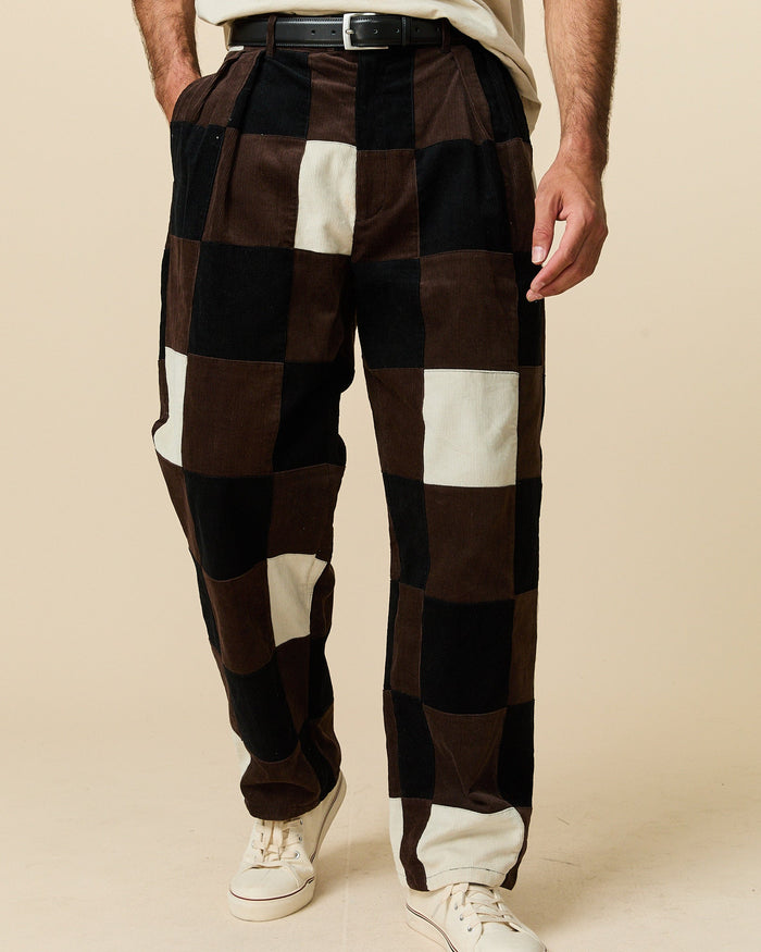Men's Pleated Patchwork Corduroy Pant Brown Patchwork