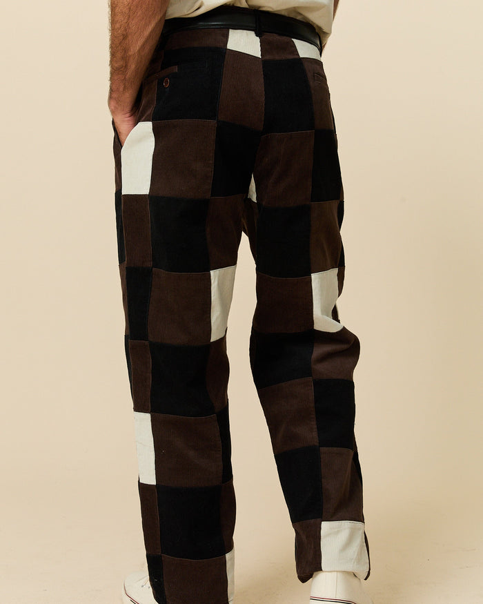 Men's Pleated Patchwork Corduroy Pant Brown Patchwork