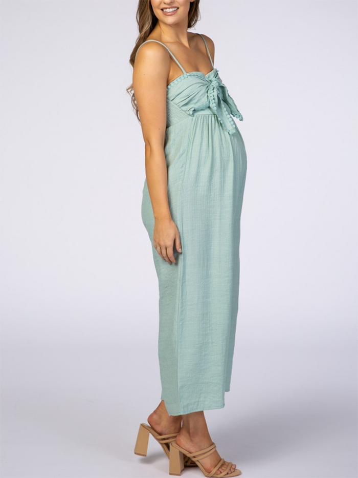 Mint Tie Front Crochet Trim Cropped Pregnant Maternity Jumpsuit
