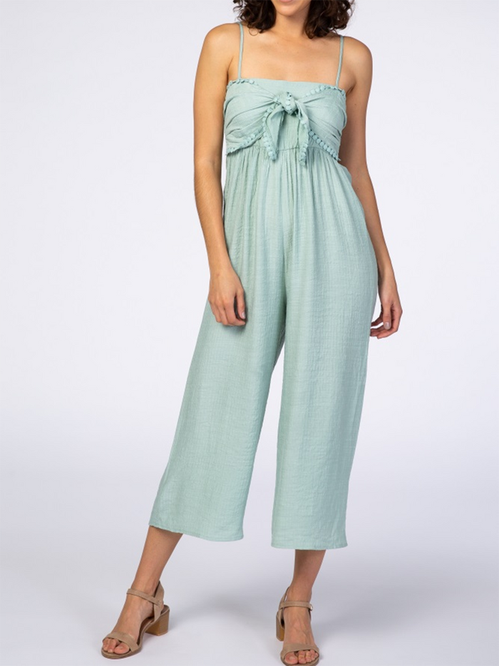 Mint Tie Front Crochet Trim Cropped Pregnant Maternity Jumpsuit
