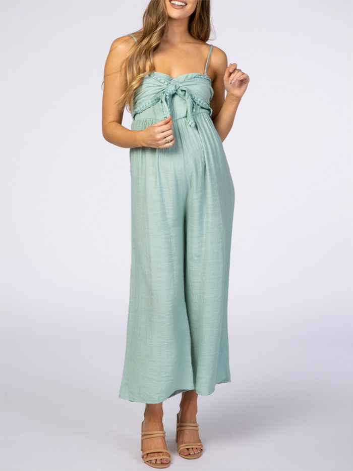 Mint Tie Front Crochet Trim Cropped Pregnant Maternity Jumpsuit