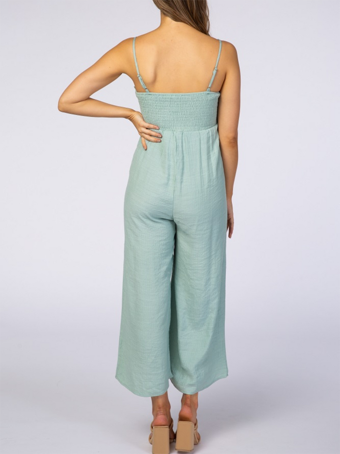 Mint Tie Front Crochet Trim Cropped Pregnant Maternity Jumpsuit