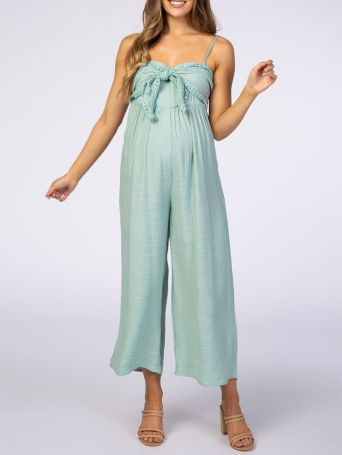 Mint Tie Front Crochet Trim Cropped Pregnant Maternity Jumpsuit