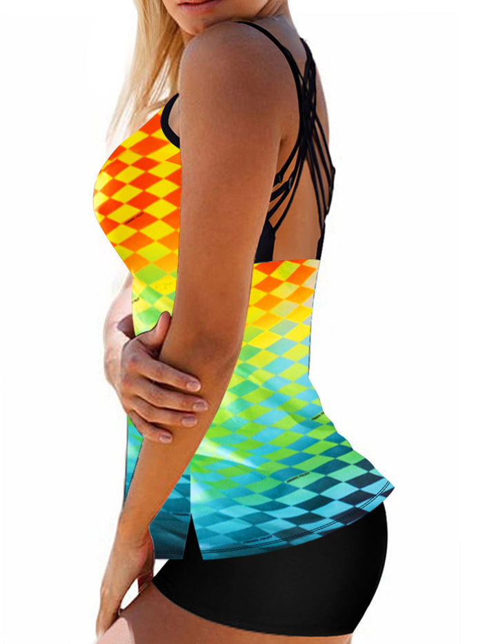 Multicolor Back Cross Strap Printed Tankini Set