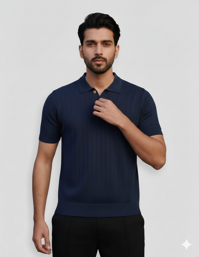 Navy Knitted Polo Shirt