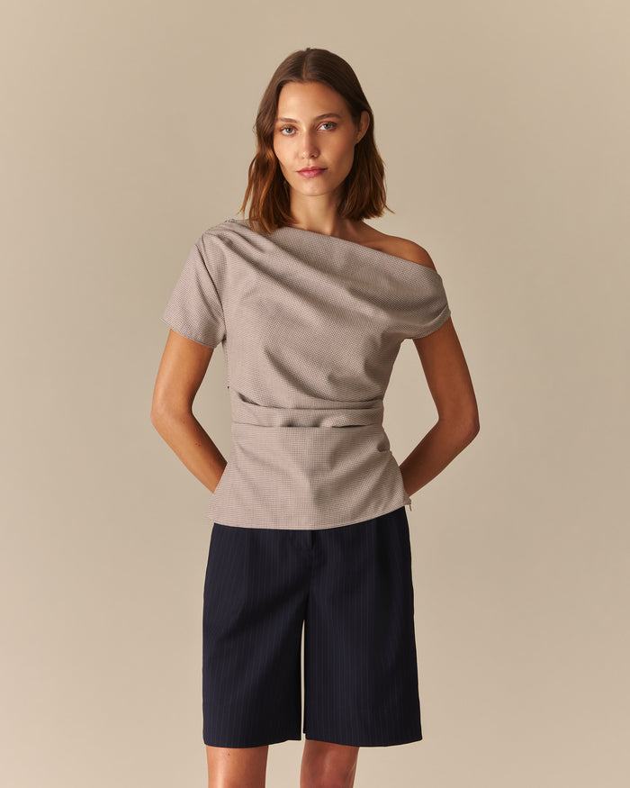 Olivia Draped Asymmetrical Houndstooth Blouse Beige Beige / XL