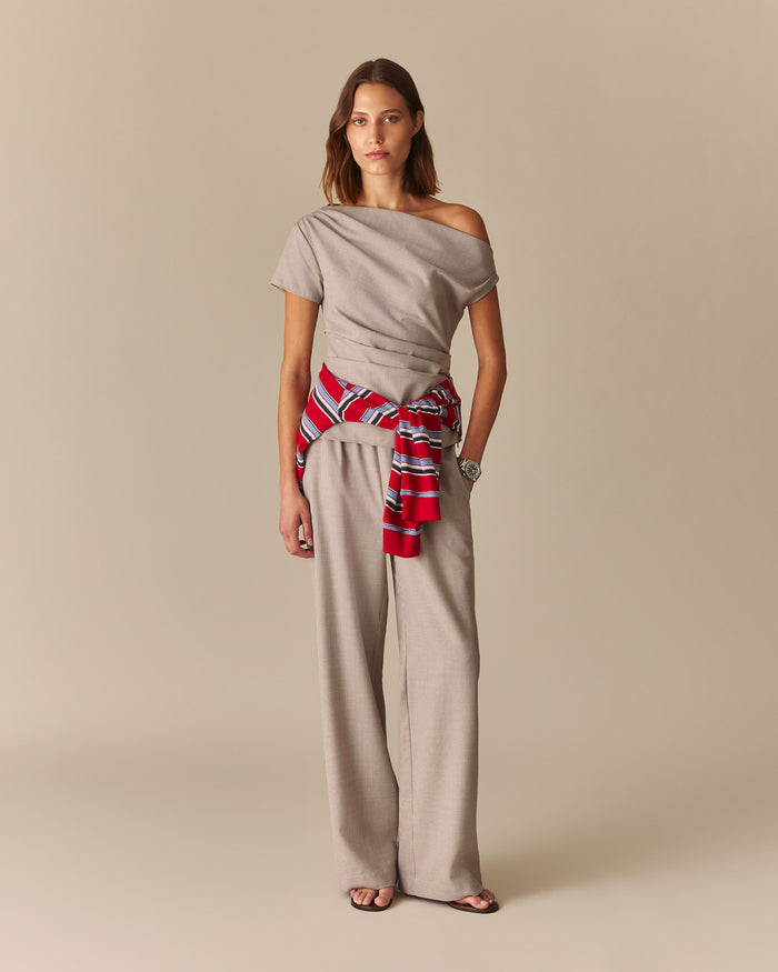 Olivia Draped Asymmetrical Houndstooth Blouse Beige Beige / XL