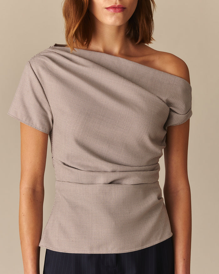 Olivia Draped Asymmetrical Houndstooth Blouse Beige Beige / XL