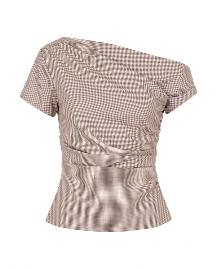 Olivia Draped Asymmetrical Houndstooth Blouse Beige Beige / XL