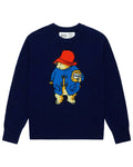 A navy wool-and-cashmere blend crewneck sweater featuring an oversized intarsia knit Paddington Bear illustration.