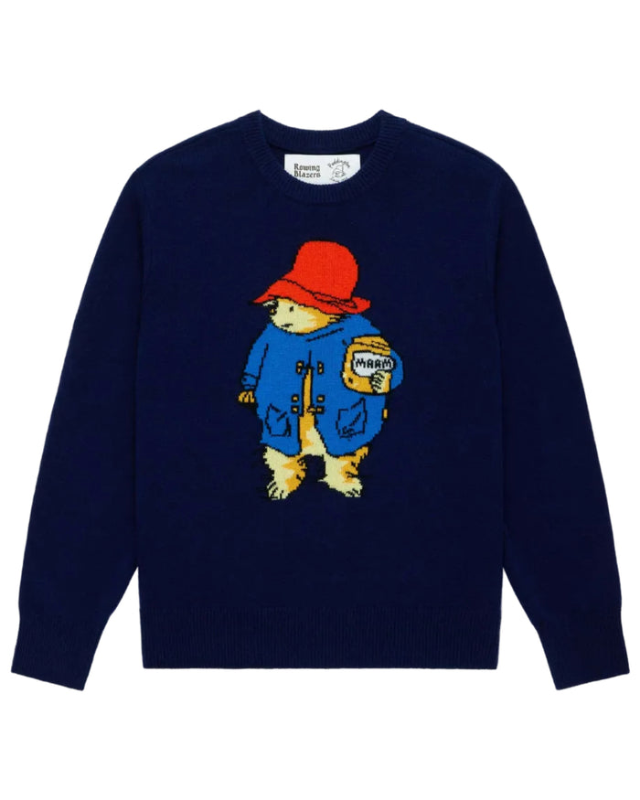 A navy wool-and-cashmere blend crewneck sweater featuring an oversized intarsia knit Paddington Bear illustration.