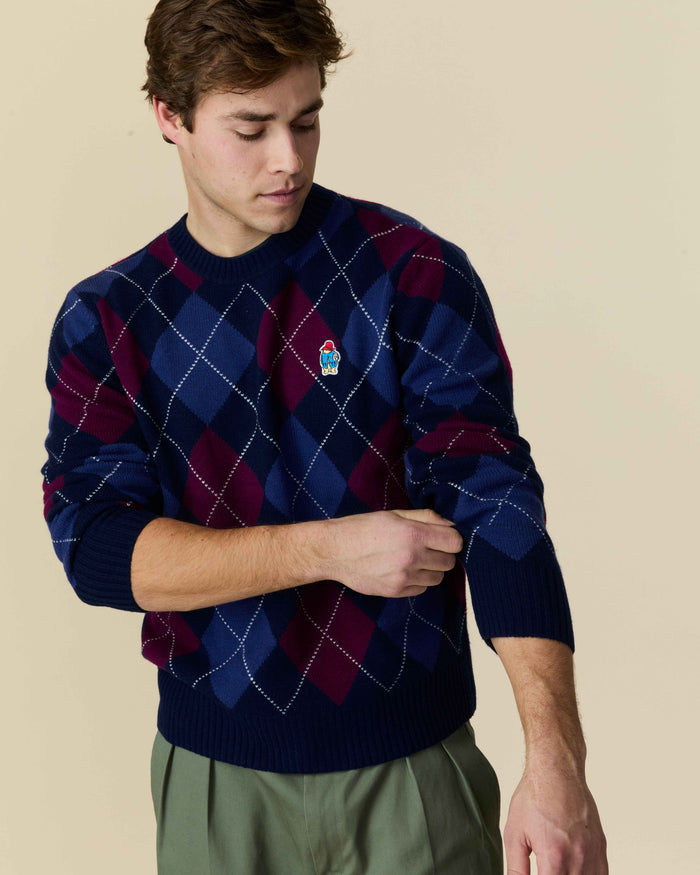 Paddington Cashmere Argyle Sweater Navy and Maroon Argyle