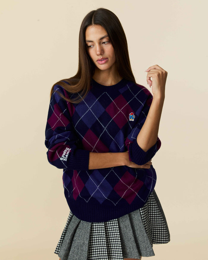 Paddington Cashmere Argyle Sweater Navy and Maroon Argyle