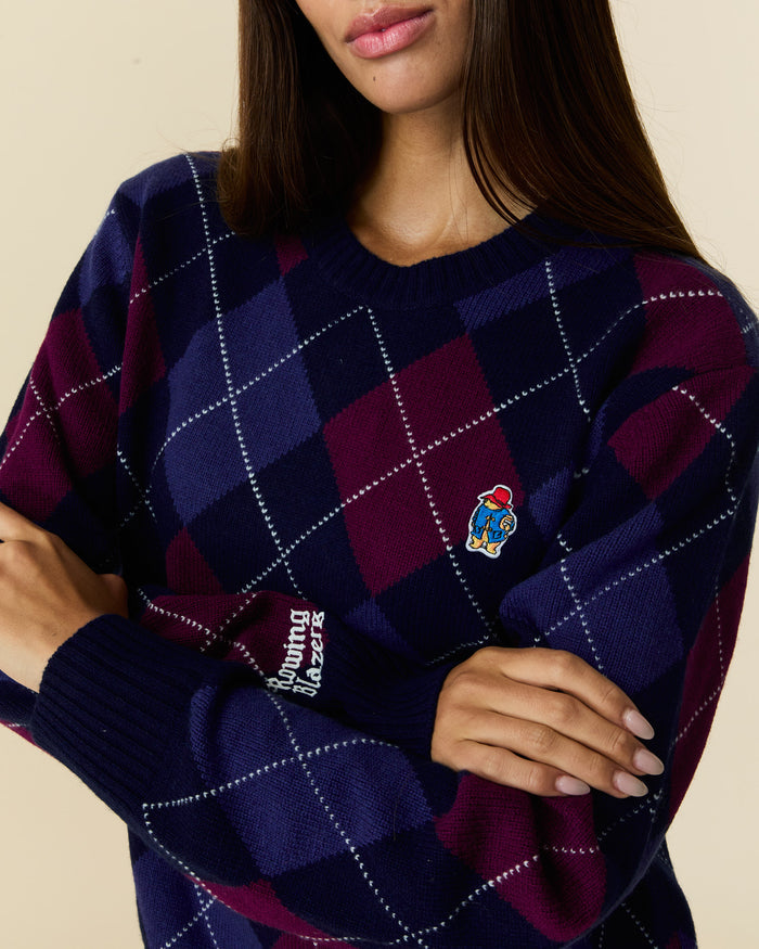 Paddington Cashmere Argyle Sweater Navy and Maroon Argyle
