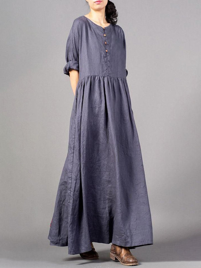 Personality Solid Color Round Neck Button Dress