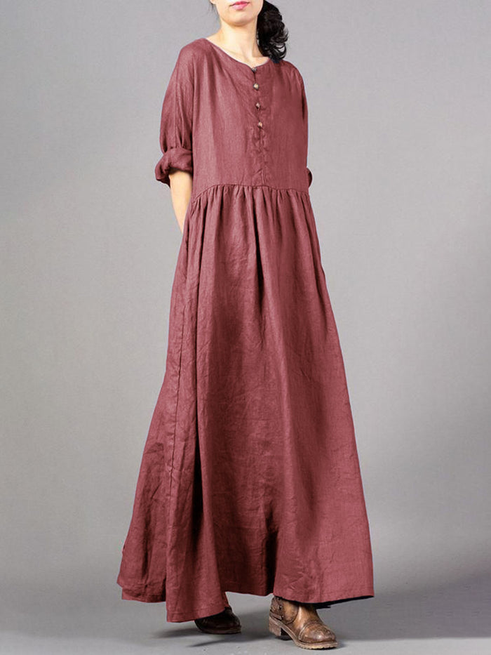 Personality Solid Color Round Neck Button Dress