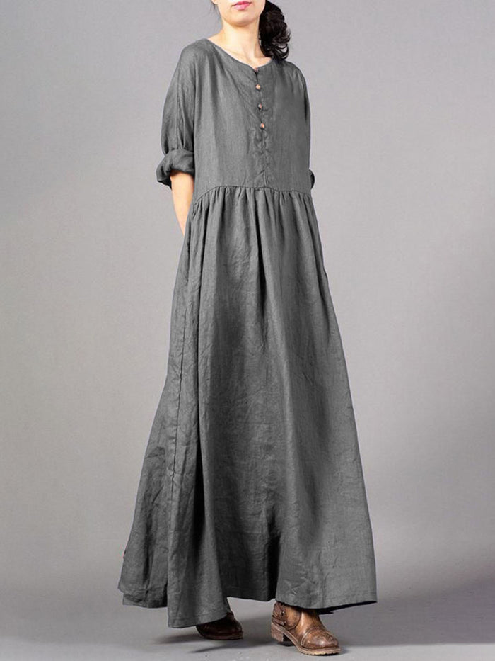 Personality Solid Color Round Neck Button Dress