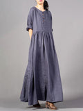 Personality Solid Color Round Neck Button Dress