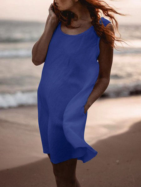 Plus Size Casual Solid Round Neck Sleeveless Pockets Dresses