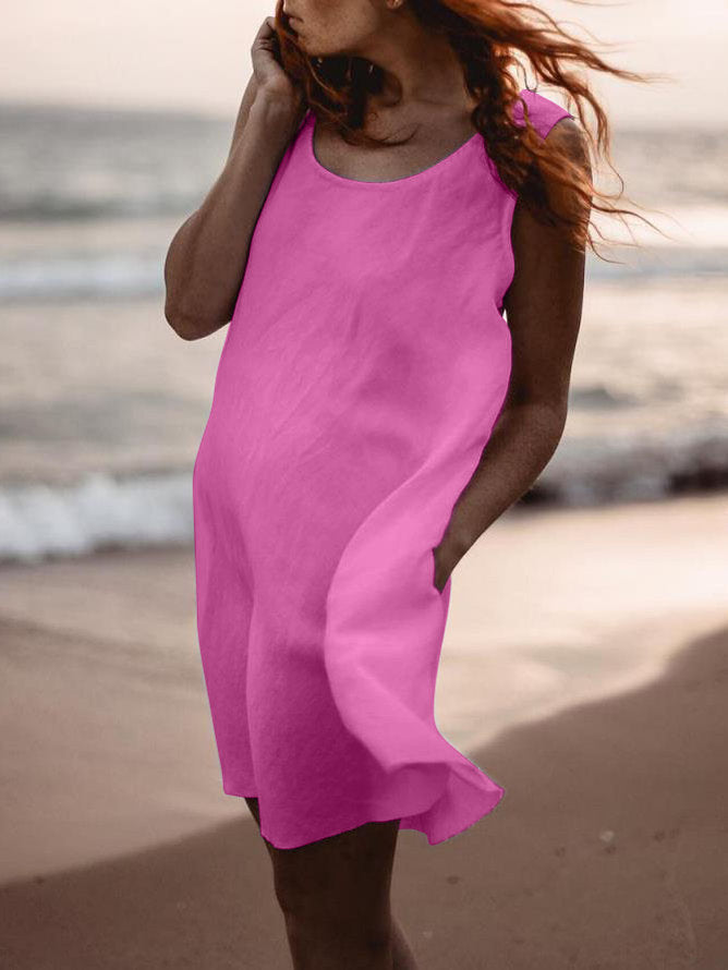 Plus Size Casual Solid Round Neck Sleeveless Pockets Dresses