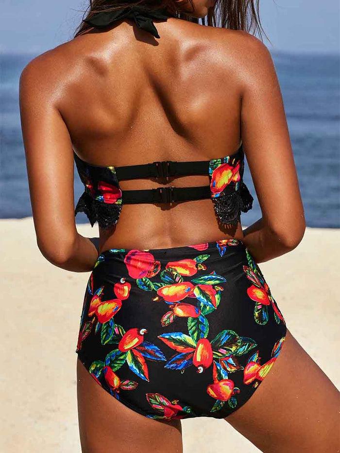 Printed Halter Lace Stitching Bikini Set