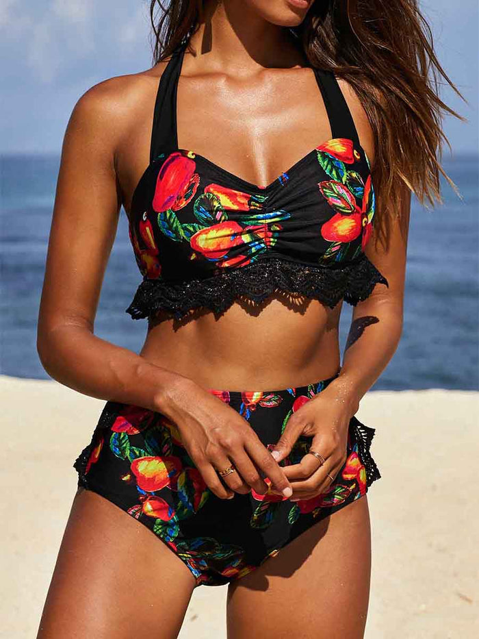 Printed Halter Lace Stitching Bikini Set