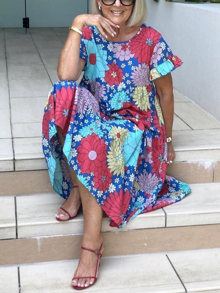 Printed Short Sleeve Round Neck Casual Dress
