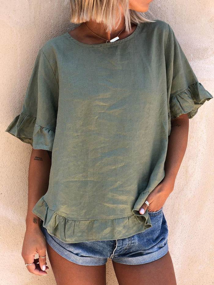 Pure Color Round Neck Ruffled Casual Loose Top with Split Hem
