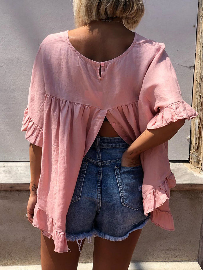 Pure Color Round Neck Ruffled Casual Loose Top with Split Hem