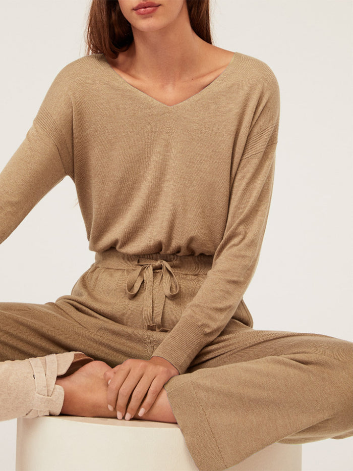 Pure Color V-Neck Long Sleeve Top Casual Trousers Two Piece Set