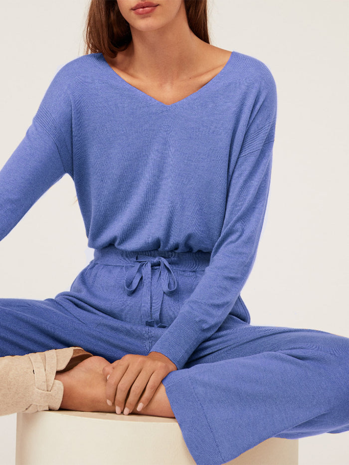Pure Color V-Neck Long Sleeve Top Casual Trousers Two Piece Set