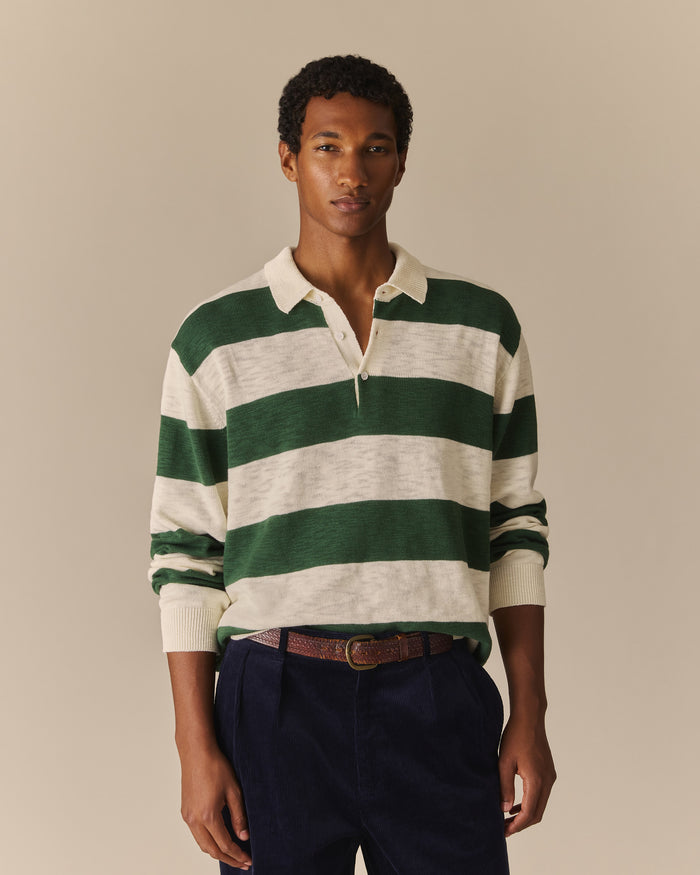 Relaxed Cotton Slub Rugby Sweater Green & White Green & White / XL