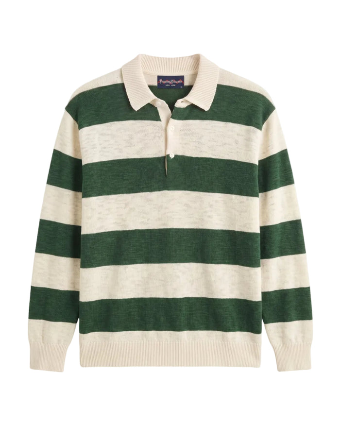 Relaxed Cotton Slub Rugby Sweater Green & White