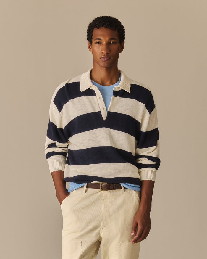 Relaxed Cotton Slub Rugby Sweater Navy & White Navy & White / XL