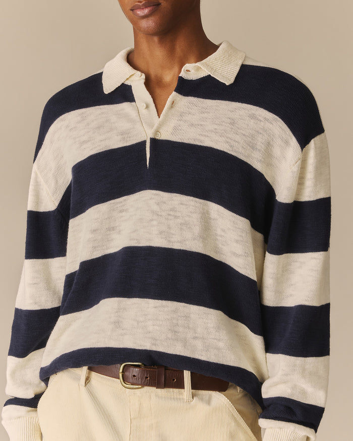 Relaxed Cotton Slub Rugby Sweater Navy & White Navy & White / XL