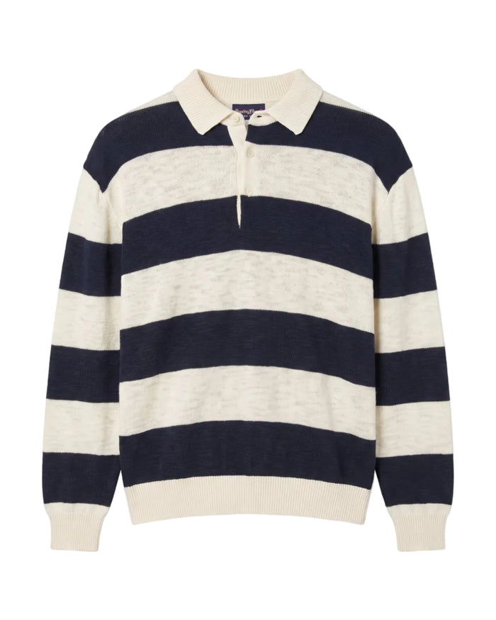 Relaxed Cotton Slub Rugby Sweater Navy & White