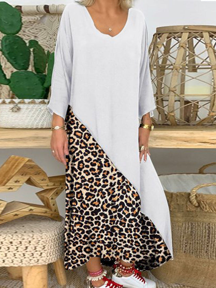 Retro Casual Loose Colorblock Leopard Maxi Dress