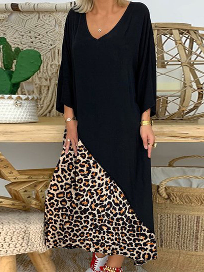 Retro Casual Loose Colorblock Leopard Maxi Dress